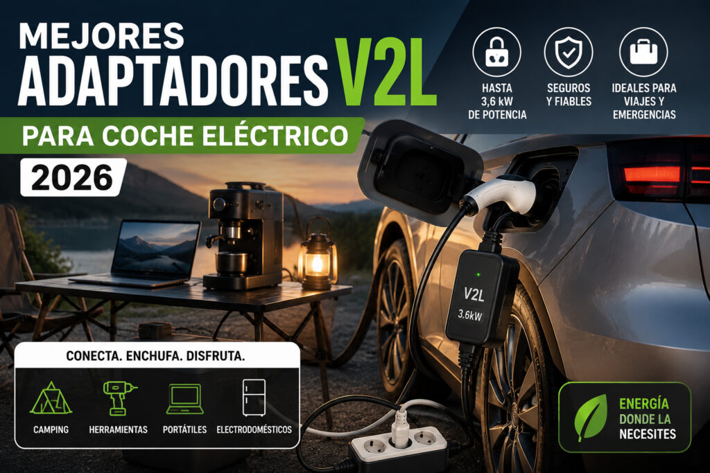 VehÍculo eléctrico con cable de adaptador V2L conectado, aparatos que pueden conectarse, cafetera, portátil. luz.