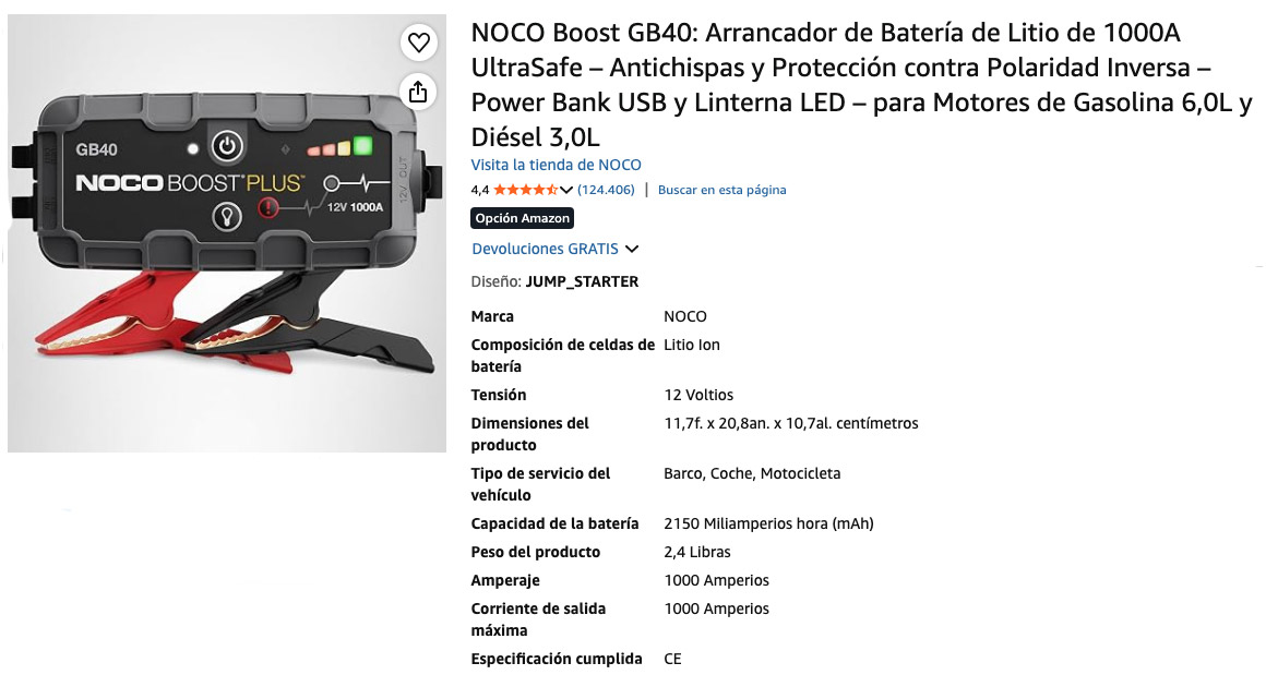 Especificaciones del NOCO Boost GB40- Arrancador de Batería