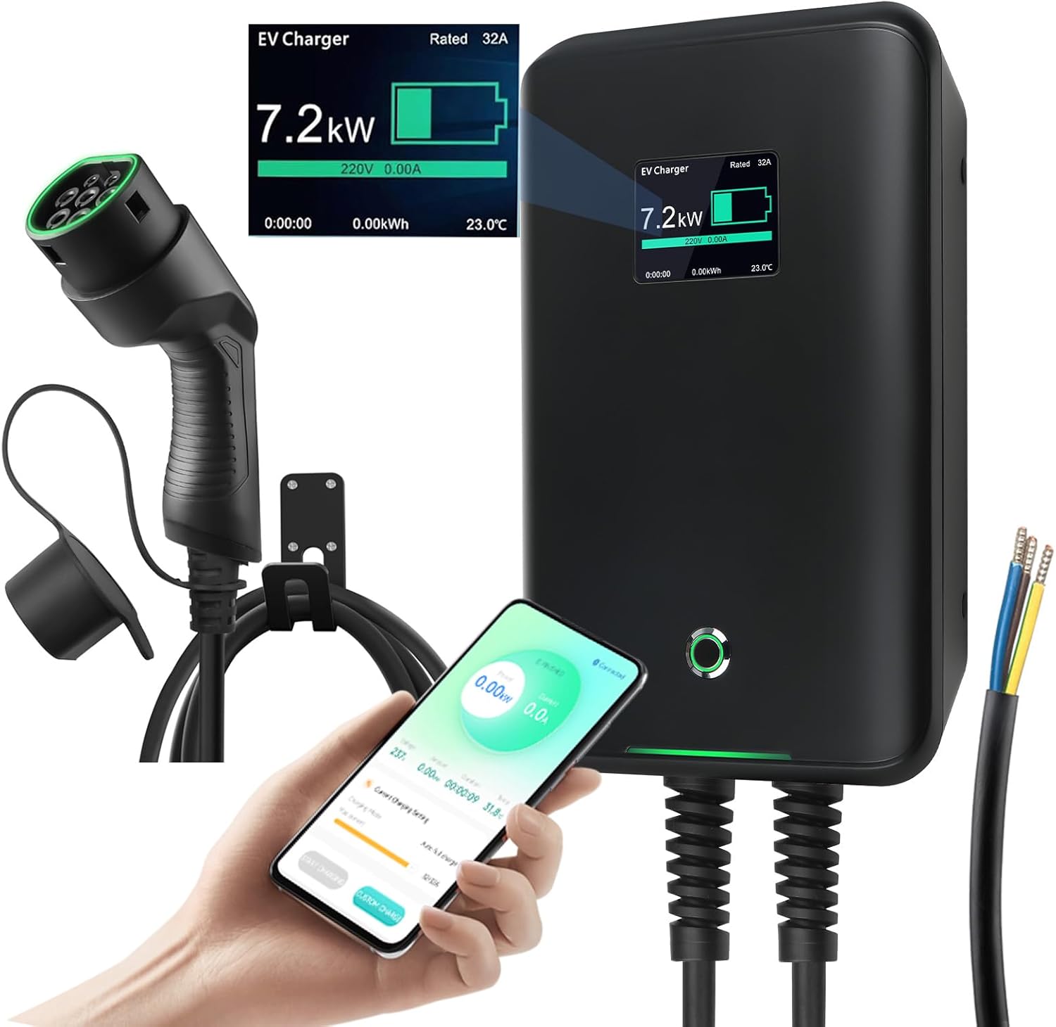 Estación de Carga monofásica para Coches eléctricos y telefobo móvil mostrando app.