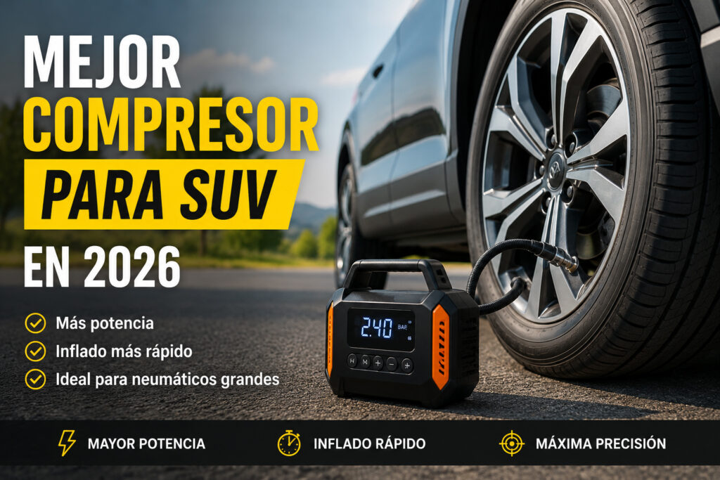 Compresor portátil inflando la rueda de un SUV moderno durante una parada en carretera, datos de la comparativa.