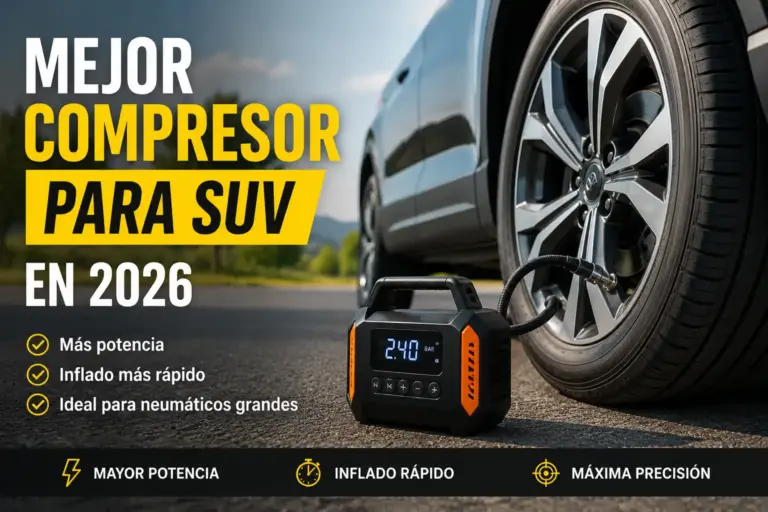 Compresor portátil inflando la rueda de un SUV moderno durante una parada en carretera, datos de la comparativa.