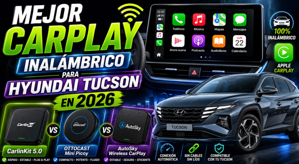Hyundai Tucson equipado con Apple CarPlay inalámbrico mostrando la pantalla multimedia, varios adaptadores CarPlay recomendados para 2026.