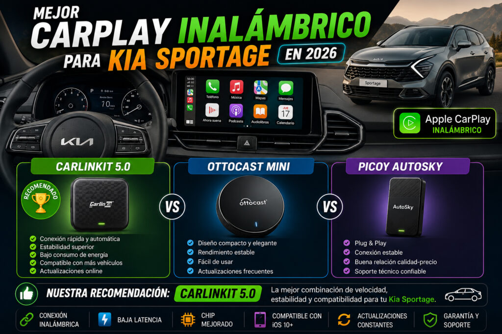 Toyota C-HR con Apple CarPlay inalámbrico mostrando navegación y aplicaciones en la pantalla multimedia junto a adaptadores recomendados para 2026.
