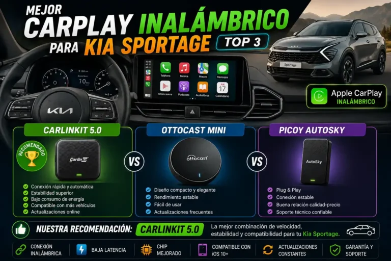 Kia Sportage con Apple CarPlay inalámbrico mostrando navegación y aplicaciones en la pantalla multimedia junto a adaptadores recomendados para 2026.
