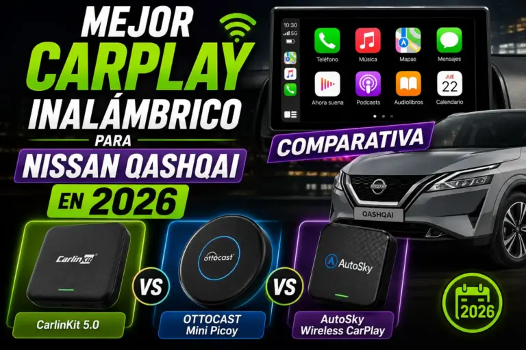 Nissan Qashqai equipado con Apple CarPlay inalámbrico mostrando la pantalla multimedia, varios adaptadores recomendados para 2026.