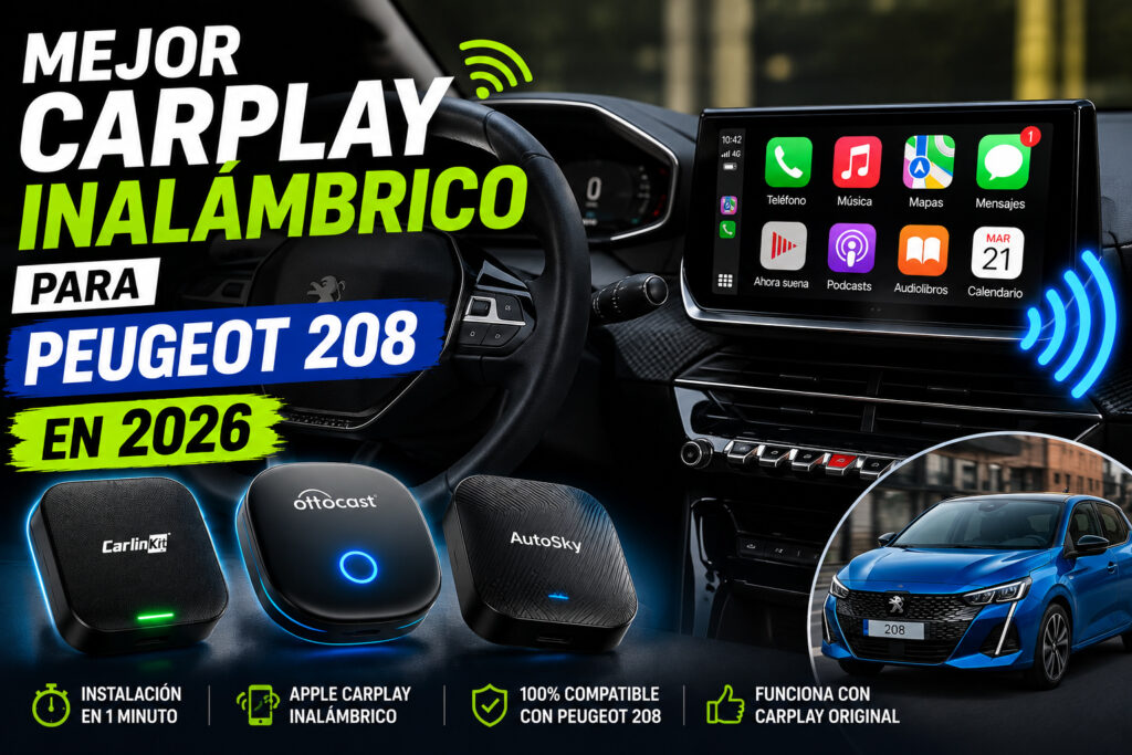Peugeot 208 equipado con Apple CarPlay inalámbrico mostrando una pantalla multimedia conectada al iPhone.