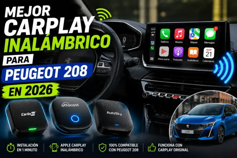 Peugeot 208 equipado con Apple CarPlay inalámbrico mostrando una pantalla multimedia conectada al iPhone.