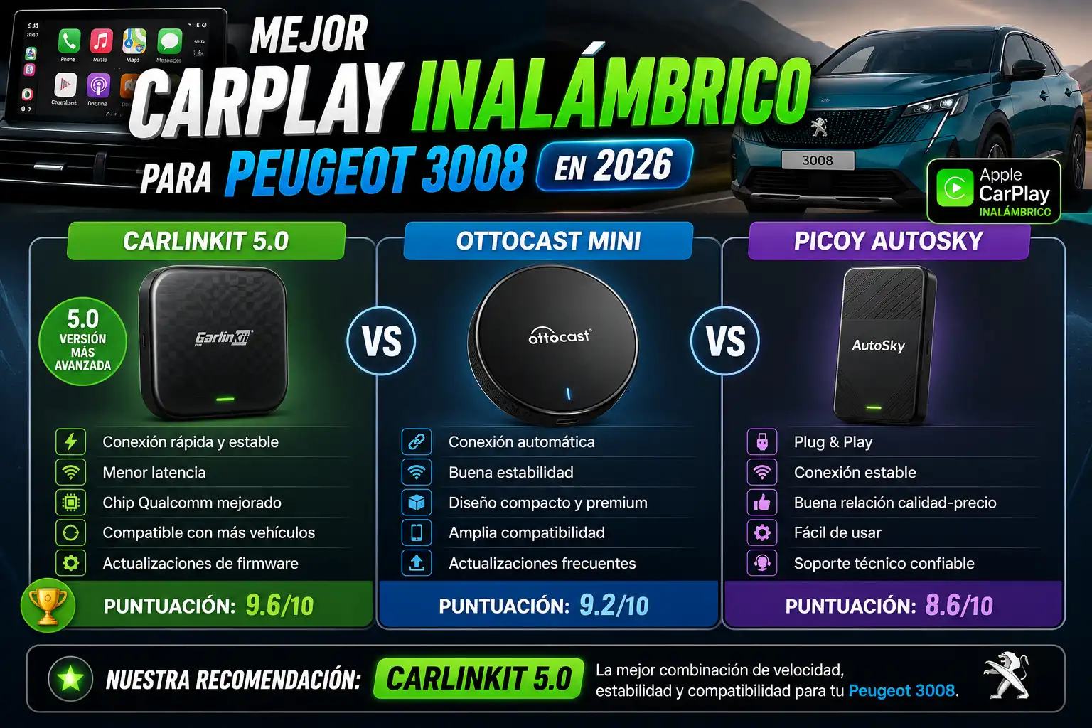 Mejor CarPlay inalámbrico para Peugeot 3008 en 2026