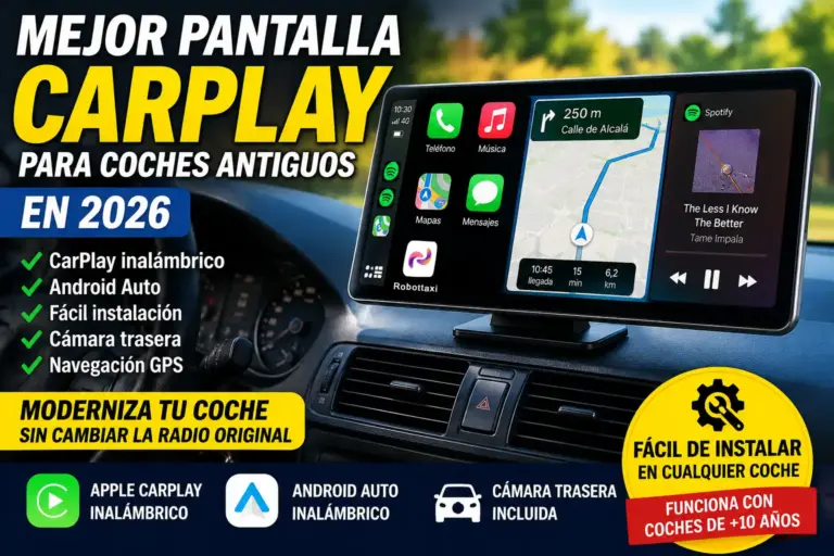 Pantalla portátil Apple CarPlay y Android Auto para modernizar coches antiguos sin cambiar la radio original del vehículo.
