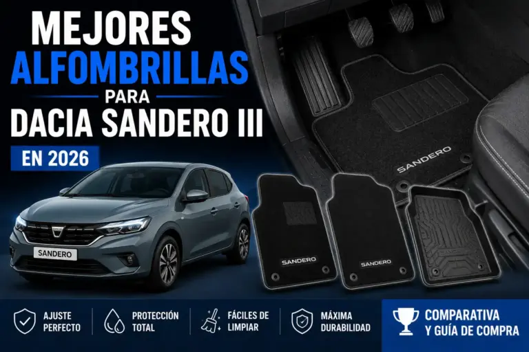 Mejores alfombrillas para Dacia Sandero III en 2026, interior del vehículo con alfombrillas premium a medida, ajuste perfecto, máxima protección contra suciedad y desgaste diario.