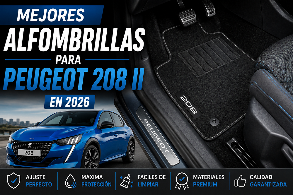 Mejores alfombrillas para Peugeot 208 II en 2026, interior del vehículo con alfombrillas premium a medida, ajuste perfecto, protección del suelo y fácil limpieza.