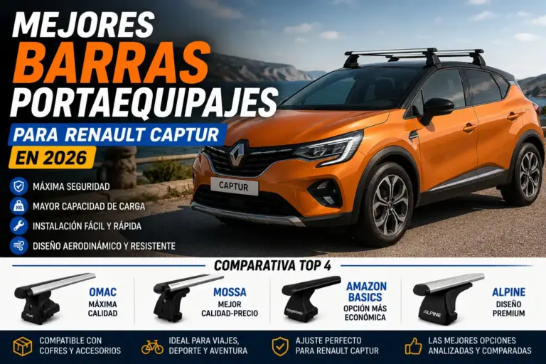 Mejores barras portaequipajes para Renault Captur en 2026, Renault Captur con barras de techo de aluminio para transportar cofres, bicicletas y equipaje, comparativa de accesorios para viajes y carga