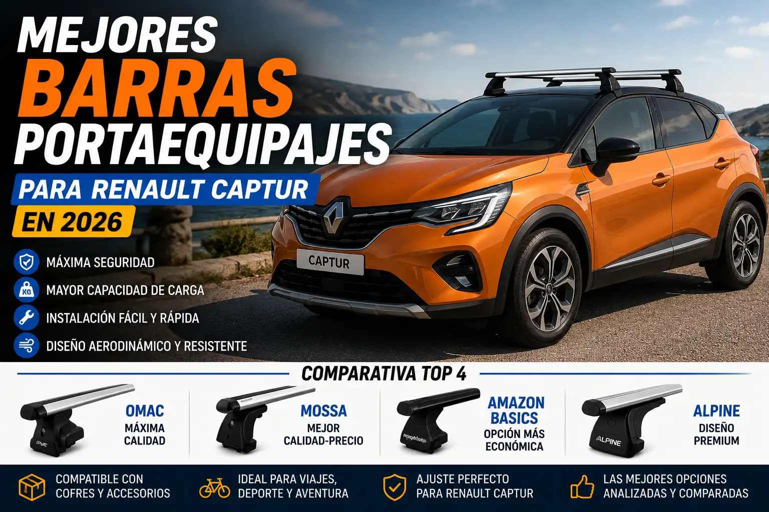 Mejores barras portaequipajes para Renault Captur en 2026, Renault Captur con barras de techo de aluminio para transportar cofres, bicicletas y equipaje, comparativa de accesorios para viajes y carga