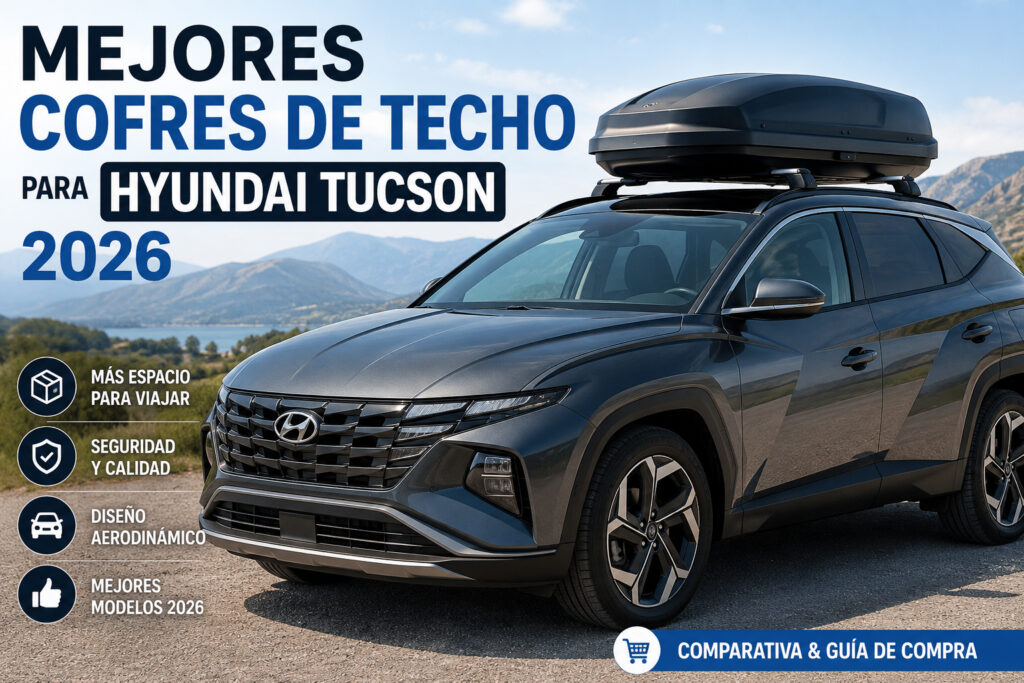 Hyundai Tucson con cofre de techo negro de gran capacidad para viajes.