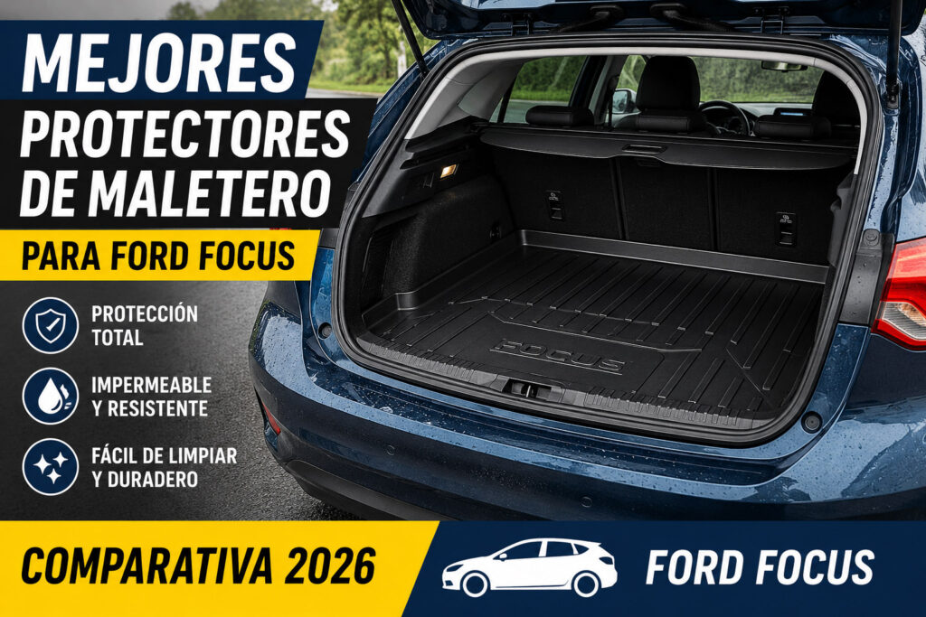 Protector de maletero a medida instalado en un Ford Focus 2026 con bandeja impermeable negra y superficie antideslizante