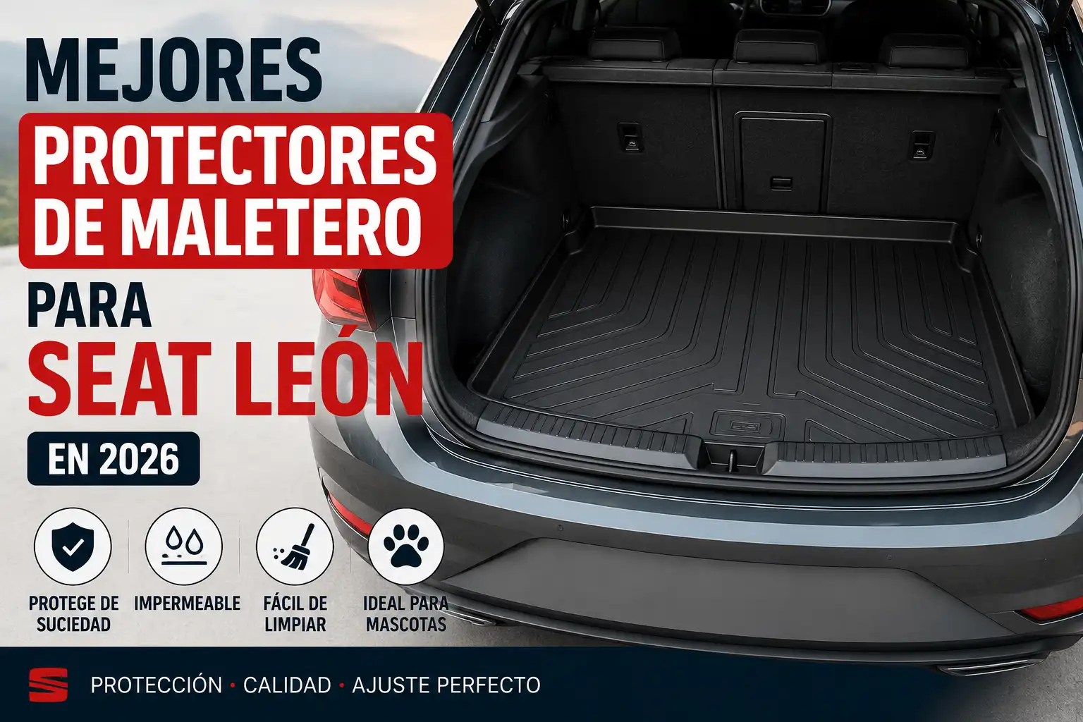 Maletero de Seat León protegido con bandeja a medida resistente al agua, barro y suciedad