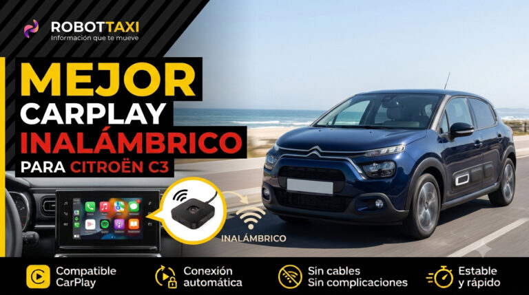 Citroen C3 con pantalla multimedia mostrando Apple CarPlay inalámbrico, varios dispositivos y marcas.