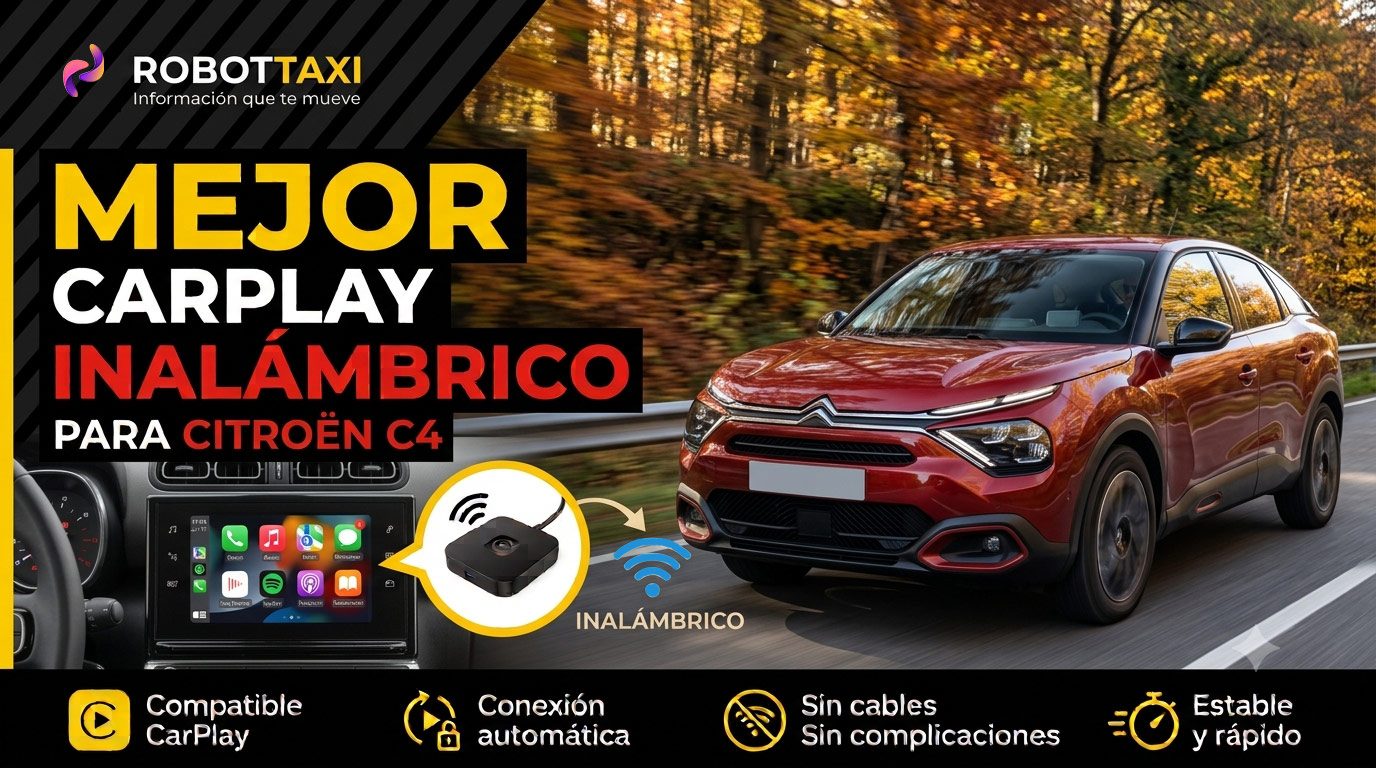 Citroen C4 con pantalla multimedia mostrando Apple CarPlay inalámbrico, varios dispositivos y marcas.