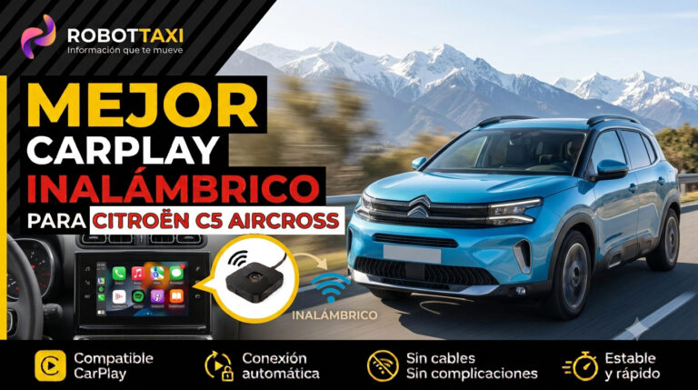 Citroen C5 Aircross con pantalla multimedia mostrando Apple CarPlay inalámbrico, varios dispositivos y marcas.