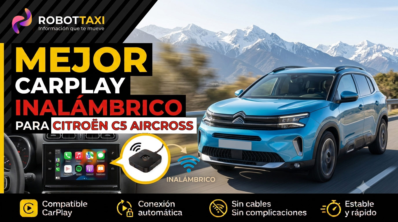 Citroen C5 Aircross con pantalla multimedia mostrando Apple CarPlay inalámbrico, varios dispositivos y marcas.