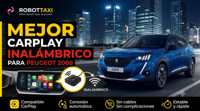 Peugeot 2008 con pantalla multimedia mostrando Apple CarPlay inalámbrico, varios dispositivos y marcas.