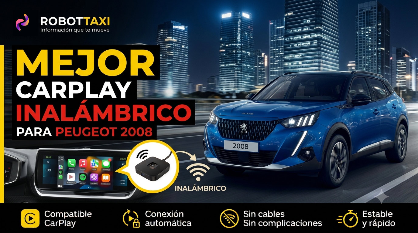 Peugeot 2008 con pantalla multimedia mostrando Apple CarPlay inalámbrico, varios dispositivos y marcas.