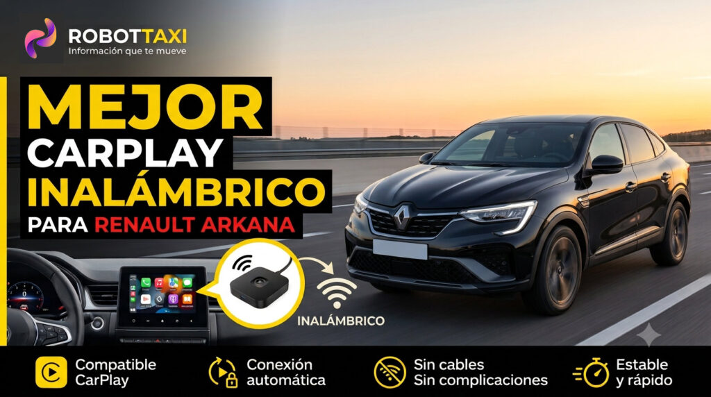 Renault Arkana con pantalla multimedia mostrando Apple CarPlay inalámbrico, varios dispositivos y marcas.