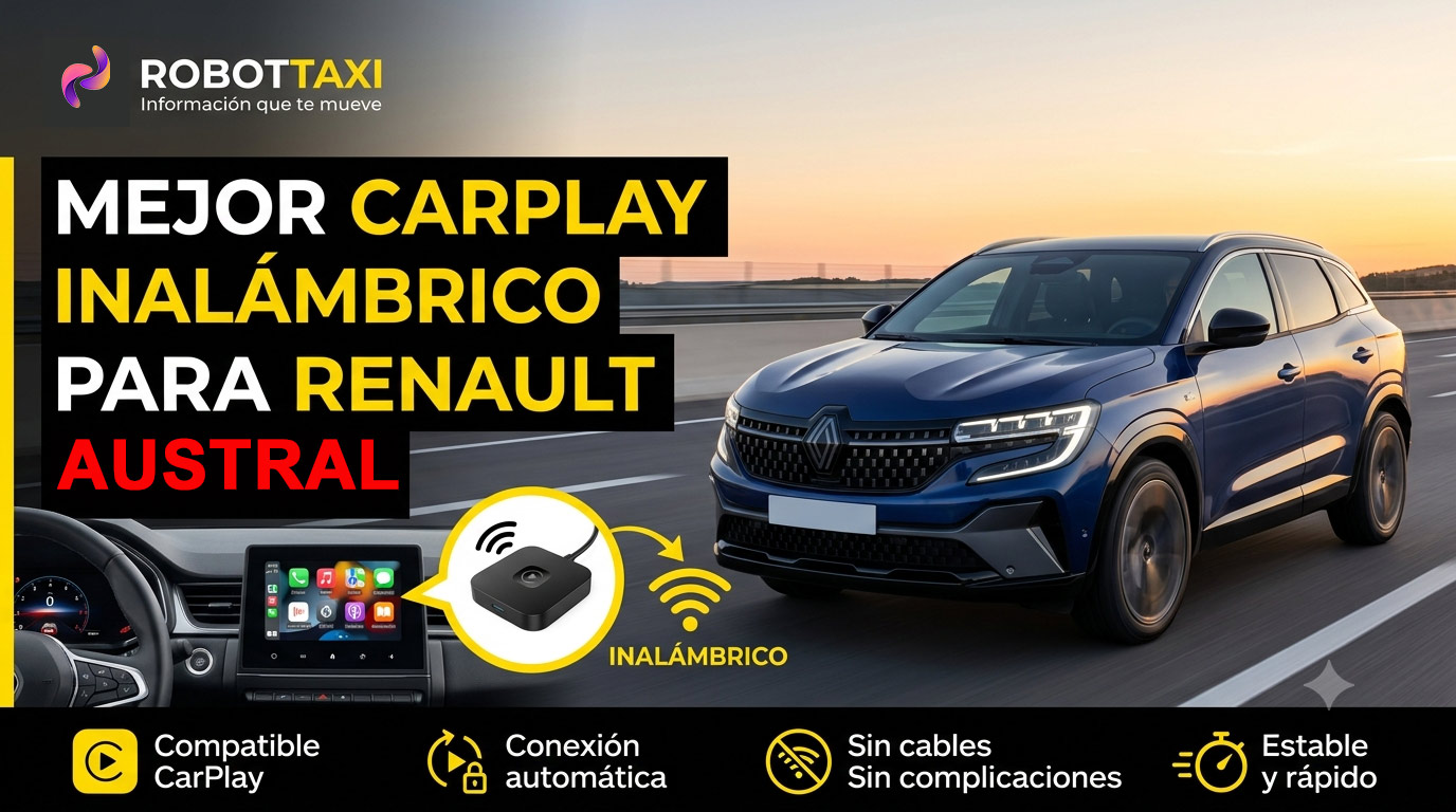 Renault Austral con pantalla multimedia mostrando Apple CarPlay inalámbrico, varios dispositivos y marcas.