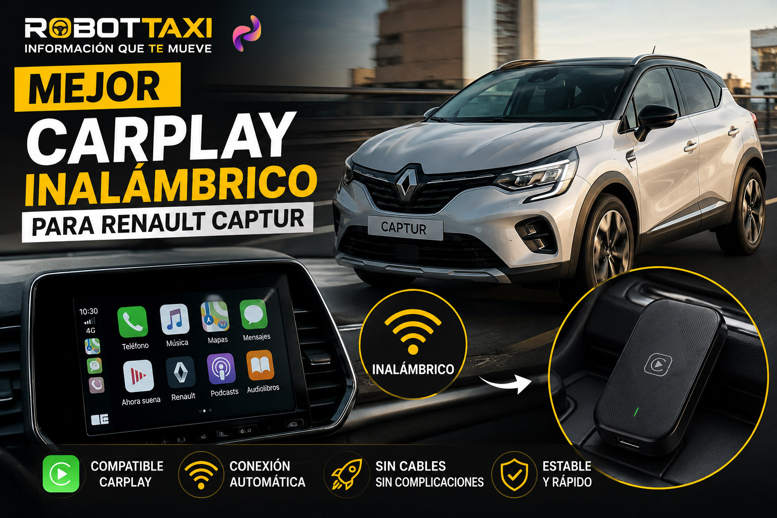 Renault Captur con pantalla multimedia mostrando Apple CarPlay inalámbrico, varios dispositivos y marcas.