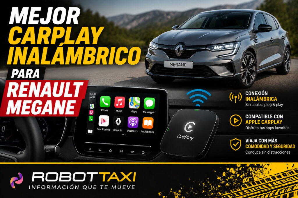 Renault Megane con pantalla multimedia mostrando Apple CarPlay inalámbrico, varios dispositivos y marcas.