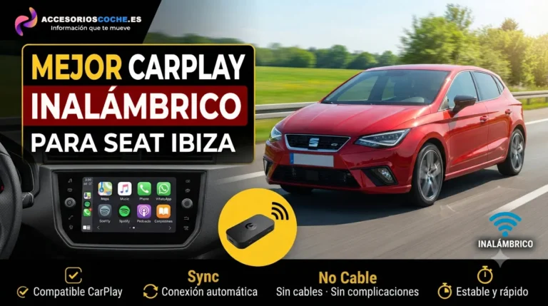 Seat Ibiza con pantalla multimedia mostrando Apple CarPlay inalámbrico, varios dispositivos y marcas.
