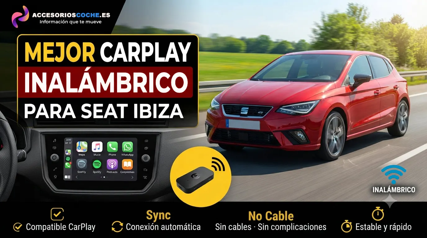 Seat Ibiza con pantalla multimedia mostrando Apple CarPlay inalámbrico, varios dispositivos y marcas.
