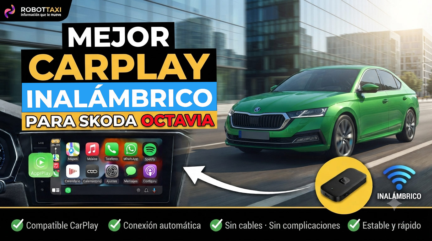 Skoda Octavia con pantalla multimedia mostrando Apple CarPlay inalámbrico, varios dispositivos y marcas.