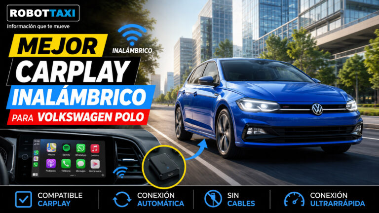Wolkswagen polo con pantalla multimedia mostrando Apple CarPlay inalámbrico, varios dispositivos y marcas.