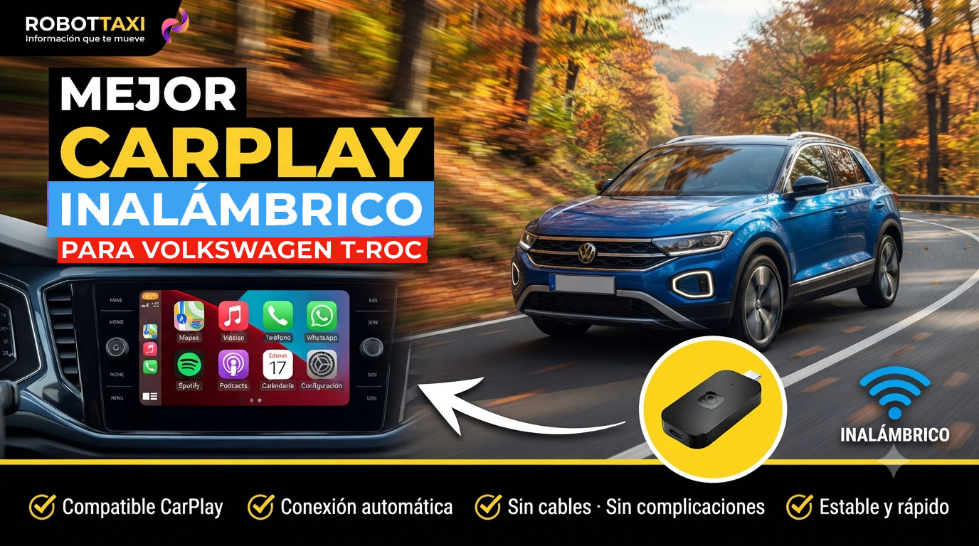 Wolkswagen T-Roc con pantalla multimedia mostrando Apple CarPlay inalámbrico, varios dispositivos y marcas.