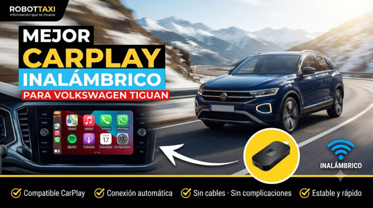 Wolkswagen Tiguan con pantalla multimedia mostrando Apple CarPlay inalámbrico, varios dispositivos y marcas.