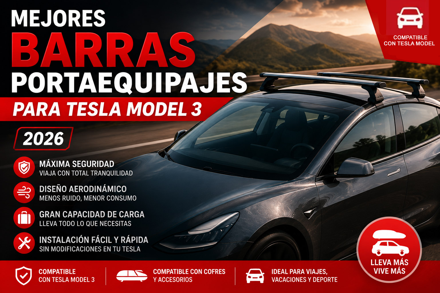Barras portaequipaje en Tesla Model 3, especificaciones y datos.