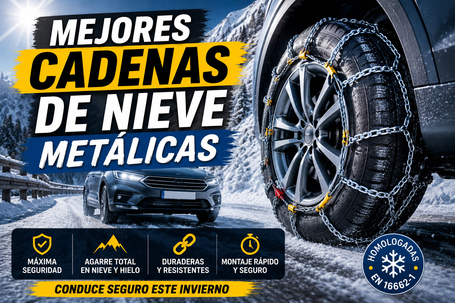 Comparativa de las mejores cadenas de nieve metálicas con varios modelos recomendados para conducir con seguridad sobre nieve y hielo.