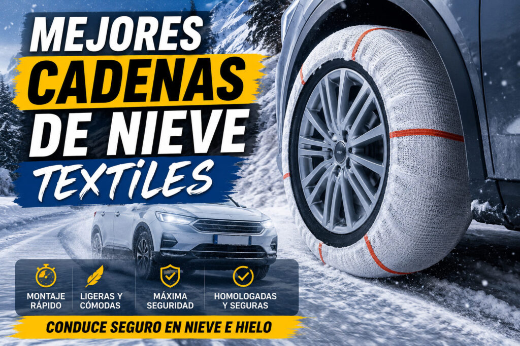 Comparativa de las mejores cadenas de nieve textiles con los modelos Goodyear, Michelin, ARLUM y SNOWGO para conducir con seguridad sobre nieve e hielo.