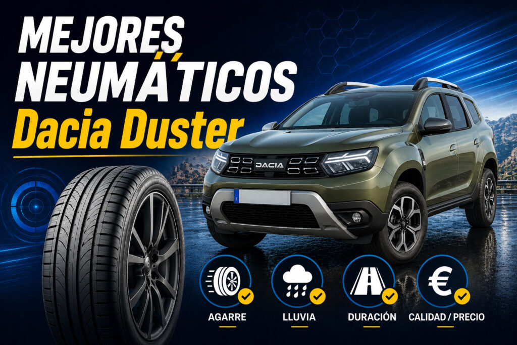 Comparativa de los mejores neumáticos para Ford Fiesta con un neumático en primer plano y un Dacia Duster verdede fondo.