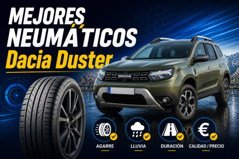 Comparativa de los mejores neumáticos para Ford Fiesta con un neumático en primer plano y un Dacia Duster verdede fondo.