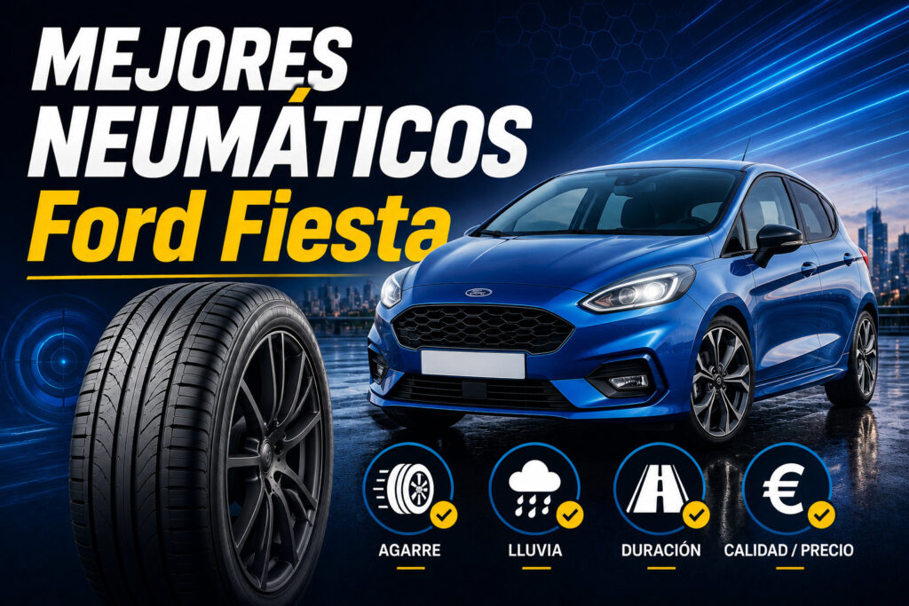 Comparativa de los mejores neumáticos para Ford Fiesta con un neumático en primer plano y un Ford Fiesta azul de fondo.
