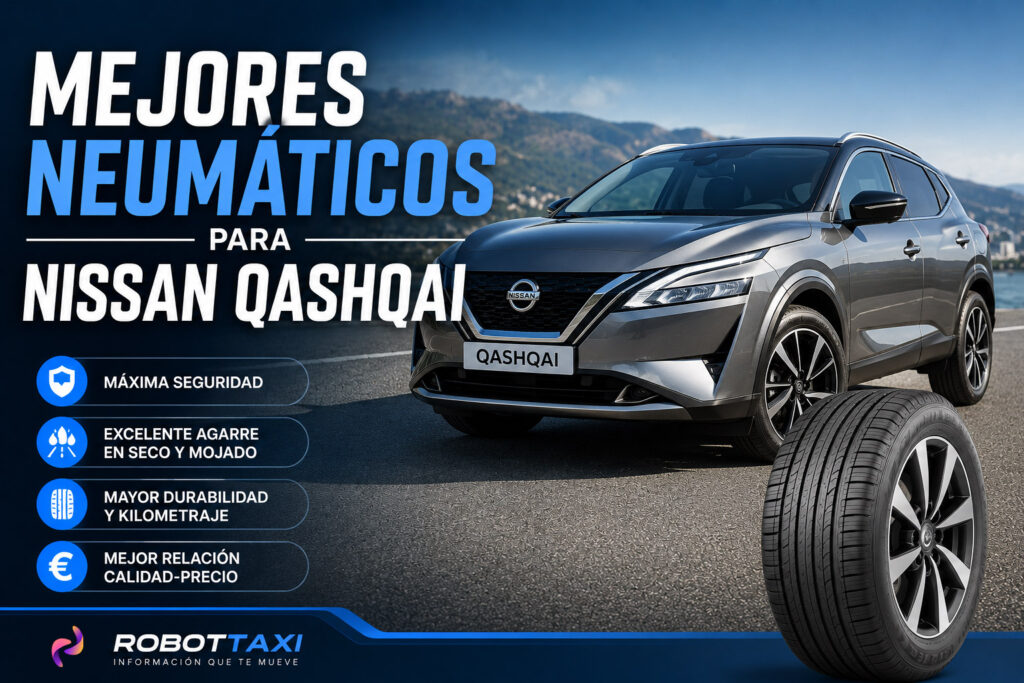 Imagen destacada de la comparativa de los mejores neumáticos para Nissan Qashqai, con un SUV y un neumático representativo, destacando seguridad, confort, durabilidad y la mejor relación calidad-precio para ayudarte a elegir el modelo ideal.