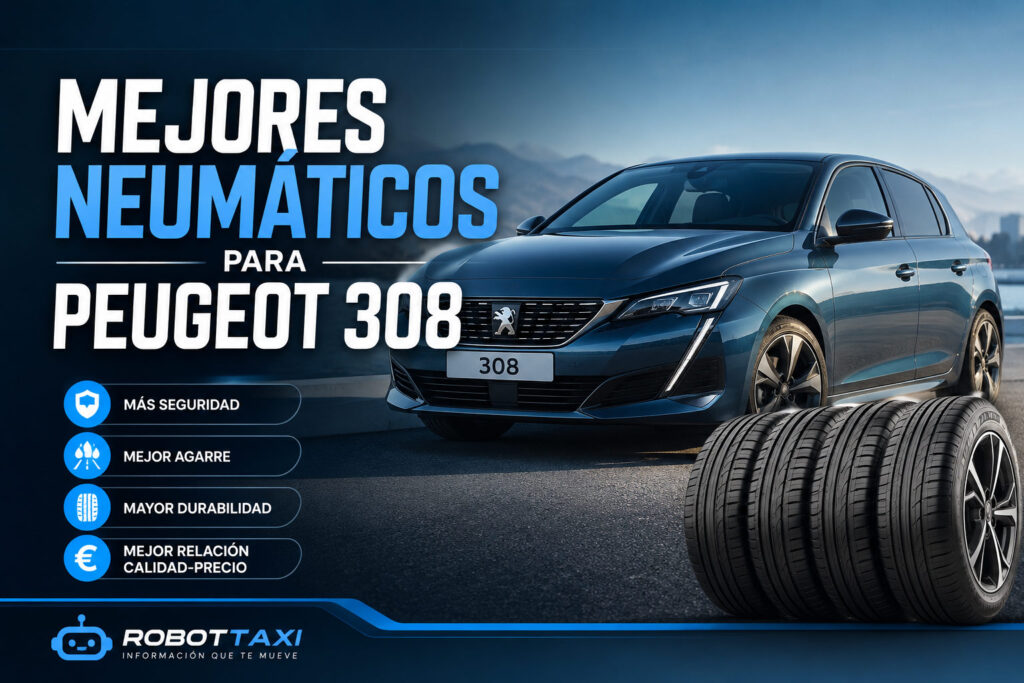 Comparativa de los mejores neumáticos para Ford Fiesta con un neumático en primer plano y un Peugeot 308 azul fondo.