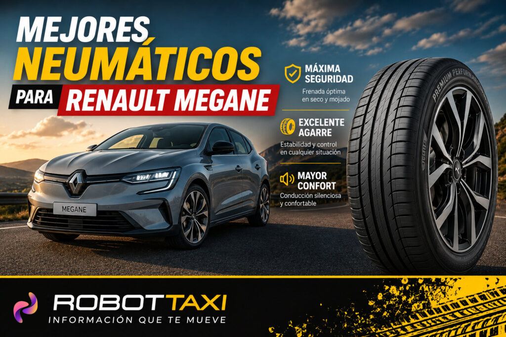 Imagen destacada de la comparativa de los mejores neumáticos para Renault Megane, con un vehículo y un neumático representativo, destacando seguridad, confort, durabilidad y la mejor relación calidad-precio para ayudarte a elegir el modelo ideal.
