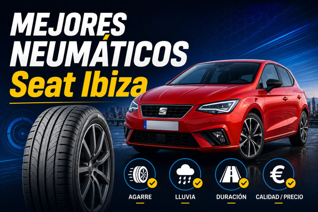 Imagen destacada de la comparativa de los mejores neumáticos para Seat Ibiza con un neumático en primer plano y un Seat Ibiza de fondo.