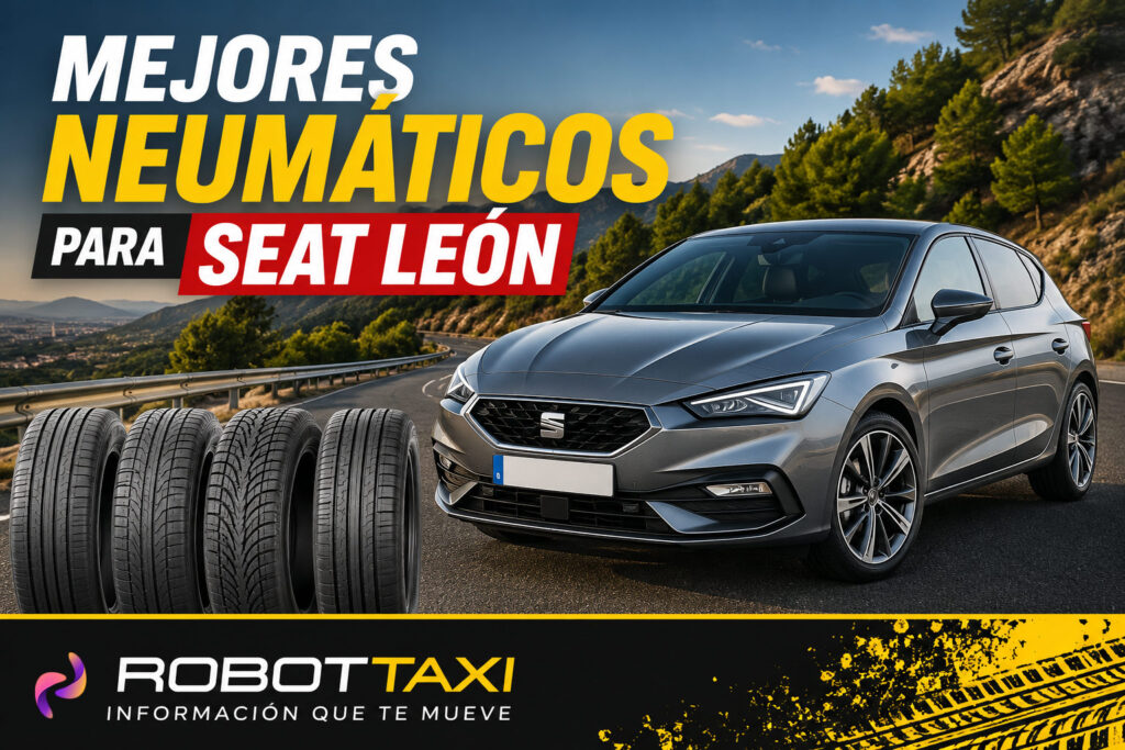 Imagen destacada de la comparativa de los mejores neumáticos para Seat León, con un vehículo y un neumático representativo, destacando seguridad, confort, durabilidad y la mejor relación calidad-precio para ayudarte a elegir el modelo ideal.
