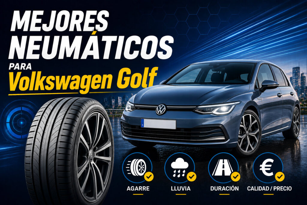 Comparativa de los mejores neumáticos para Ford Fiesta con un neumático en primer plano y un Volkswagen Golf azul fondo.