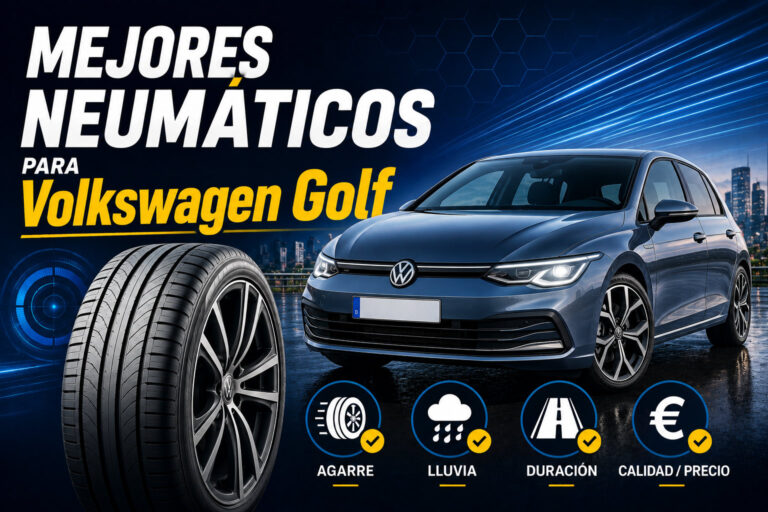 Comparativa de los mejores neumáticos para Ford Fiesta con un neumático en primer plano y un Volkswagen Golf azul fondo.