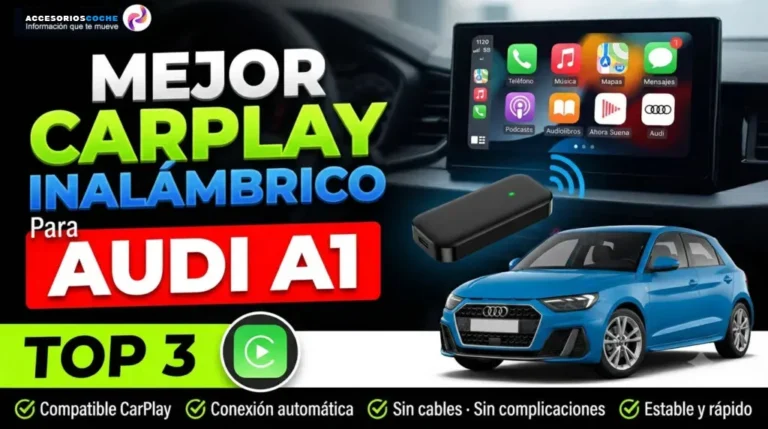 Audi A1 con pantalla multimedia mostrando Apple CarPlay inalámbrico, varios dispositivos y marcas.